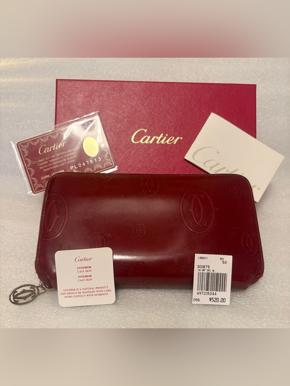 Authentic Cartier Happy Birthday Bordeaux Patent Leather Zip Wallet Full Set!